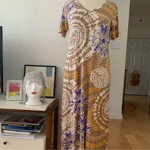 Belle Kim Gravel Tie Dye look Dress Small midi or Maxi Pockets V-neck